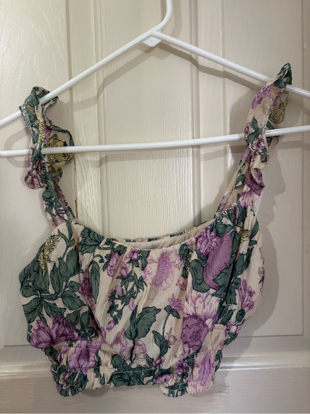 Abercrombie & Fitch Cream Floral Crop Top with Purple and Green Print